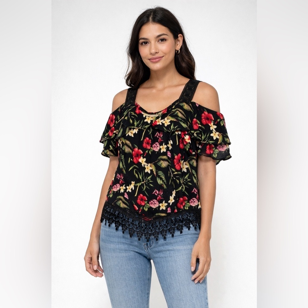 🌺 Self Esteem Floral Lace Trim Top Black Pink Boho Cottagecore L 🌿